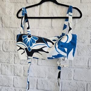 NWT Zara Blue And White Floral Print Crop Top Adjustable Sleeves Large
